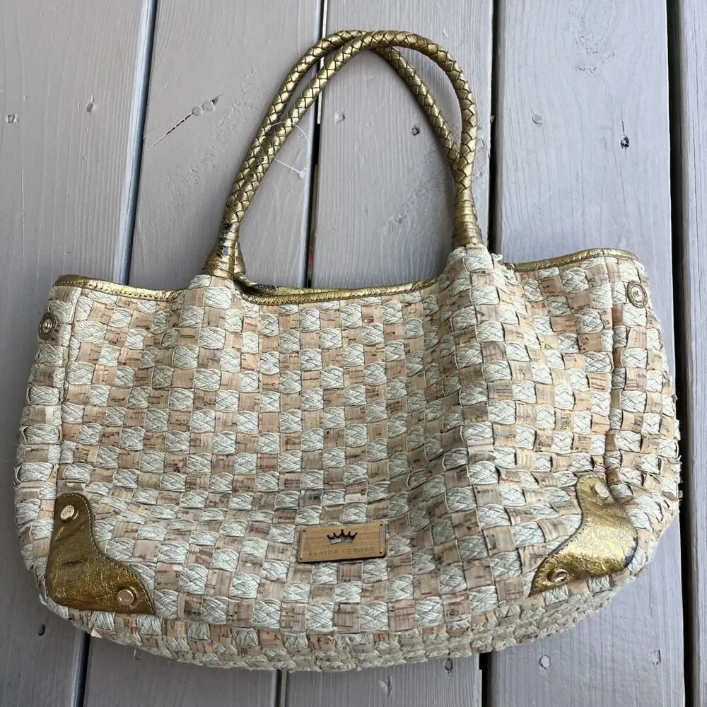 ELAINE TURNER Woven Cork Rope Tote Shoulder Bag Gold Leather Handles Boho